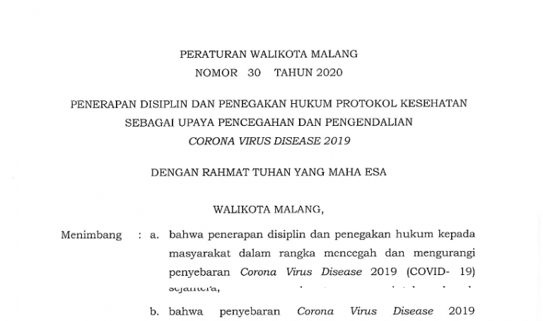 Perwal Kota Malang No. 30 Tahun 2020 Tentang Penerapan Disiplin Dan ...